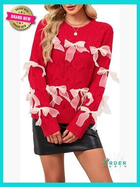 Cable Knit Crew Neck Sweater Cute Bow Pullover Long Sleeve Cozy Knit Top